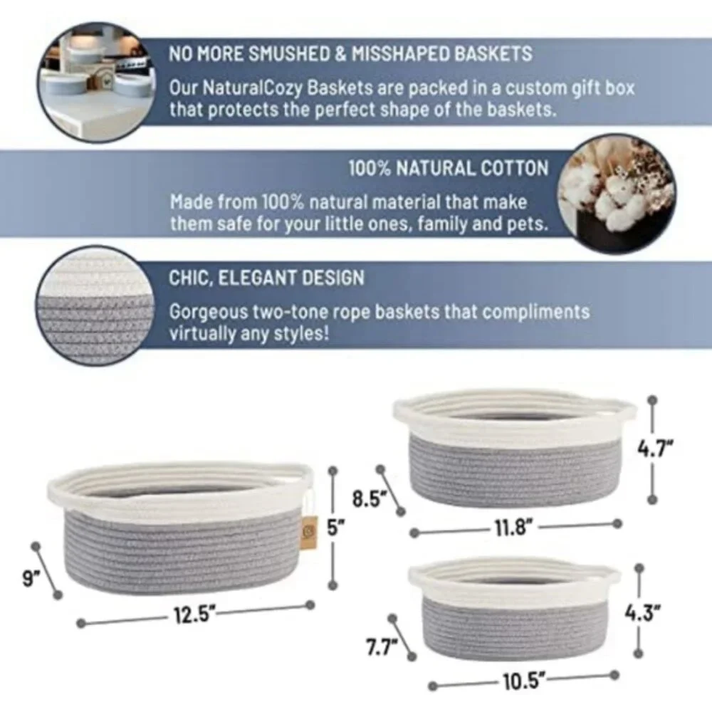 Oval Cotton Rope Storage Basket Set | Set of 3 | Neutral Off-White & Gray